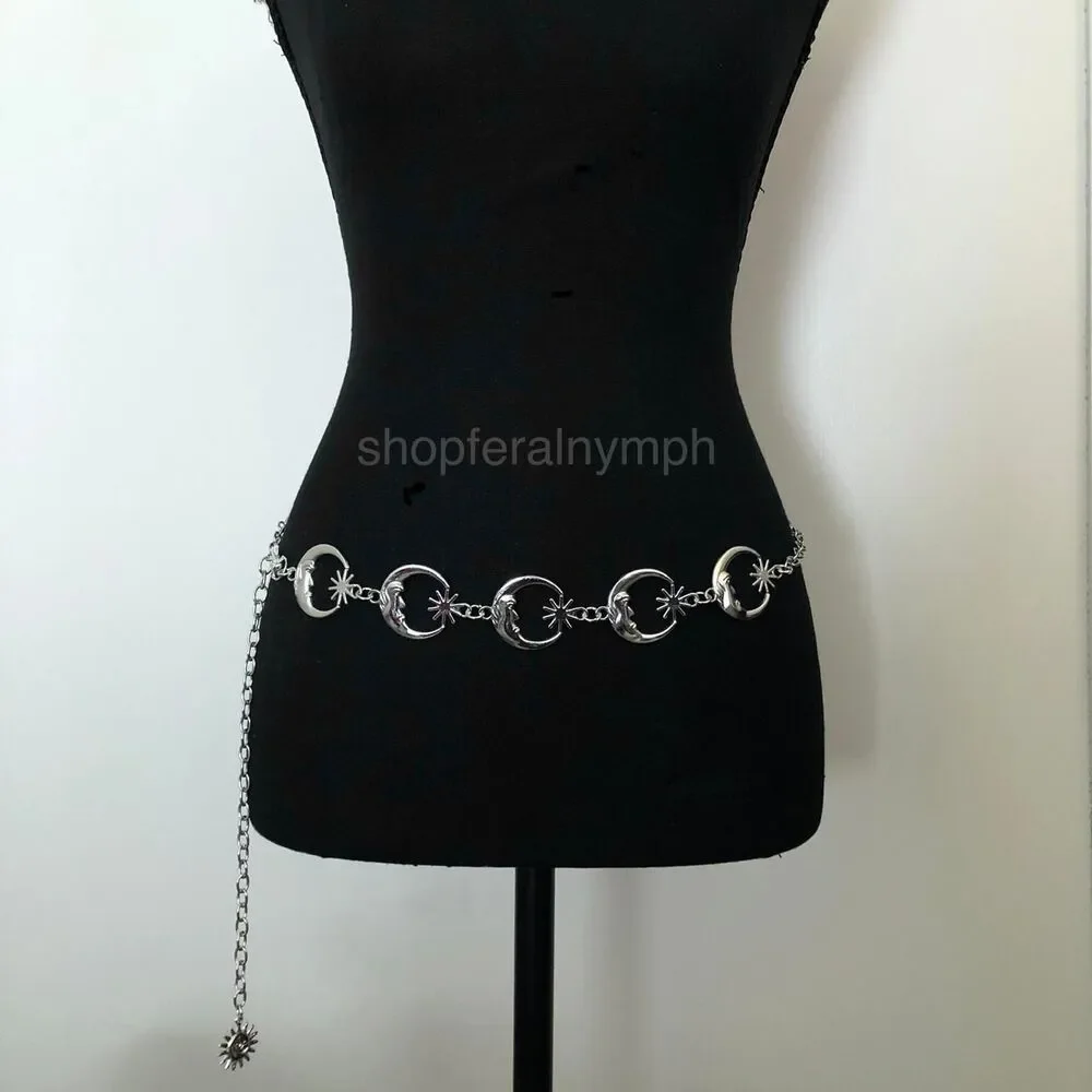 Vintage Y2K Celestial Silver Moon Star Chain Belt, Fits 12–41 Inches, X7GA1234